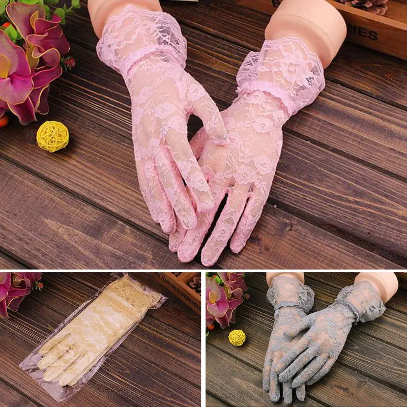

Womens Summer UV Protection Floral Lace Short Gloves Solid Color Jacquard Party Prom Full Finger Ruffles Mittens