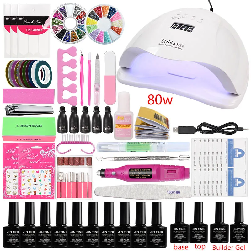 80w sun x5 gel set Маникюрный набор для ногтей, Удлинительный УФ-гель, маникюрный набор, 10 цветов, Гель-лак и базовое верхнее покрытие для ногтей, гель-конструктор, набор для полировки ногтей - Цвет: 80w sun x5 gel set