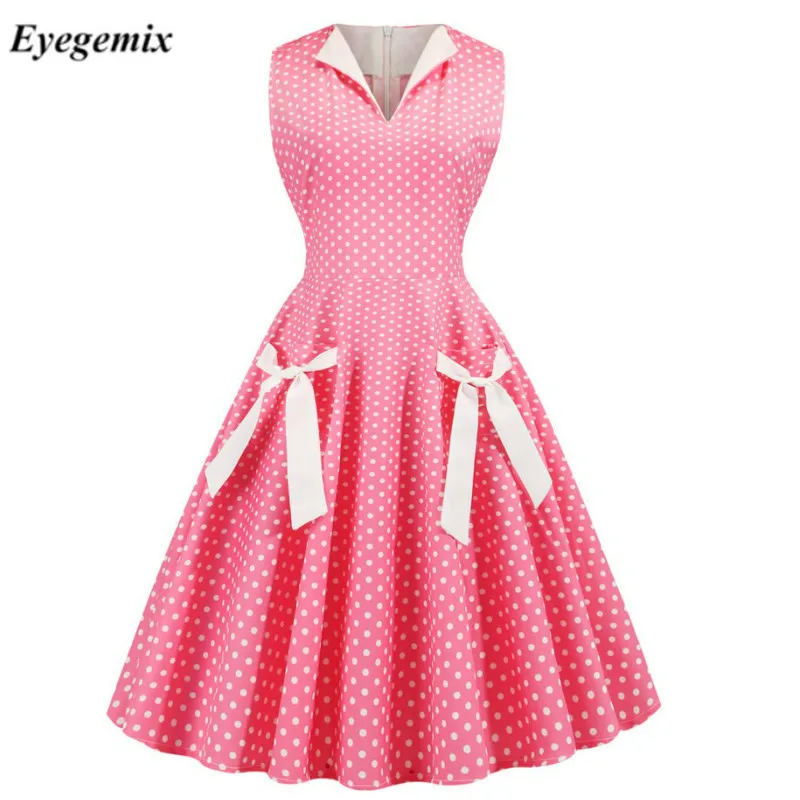 Женское платье в горошек без рукавов с V образным вырезом|Женские платья| |