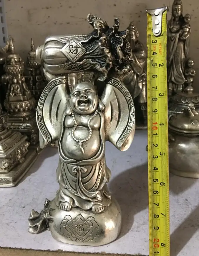 21CM Quisite Silver Wrapped Bronze Metal Statue Auspicious Wealth and Happiness Maitreya Buddha