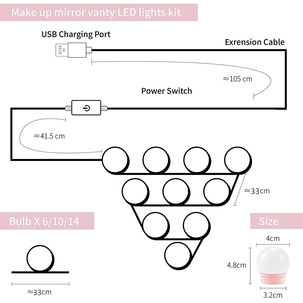 Светодиодный макияж зеркало с подсветкой LED лампа USB бесконечные затемнения