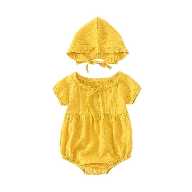 

2023 Summer Baby Girl Bodysuits Newborn Twins Clothes Pure Cotton Infants 0-24m Yellow Jumpsuit+hats 2pcs Princess Kids Outfits