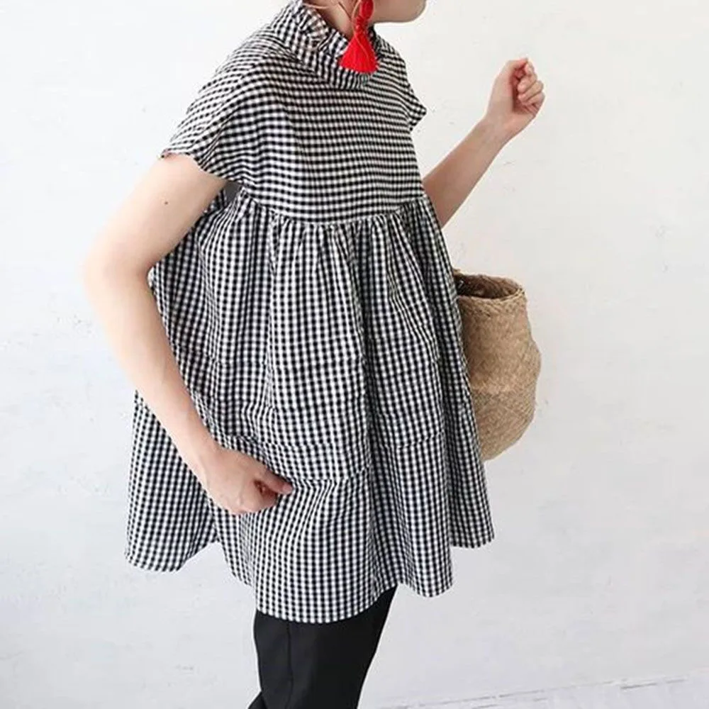 

2021 Summer Fashion New Japanese Style Blouse Lattice Folds Loose Casual Temperament Thin Simple Round Neck Summer