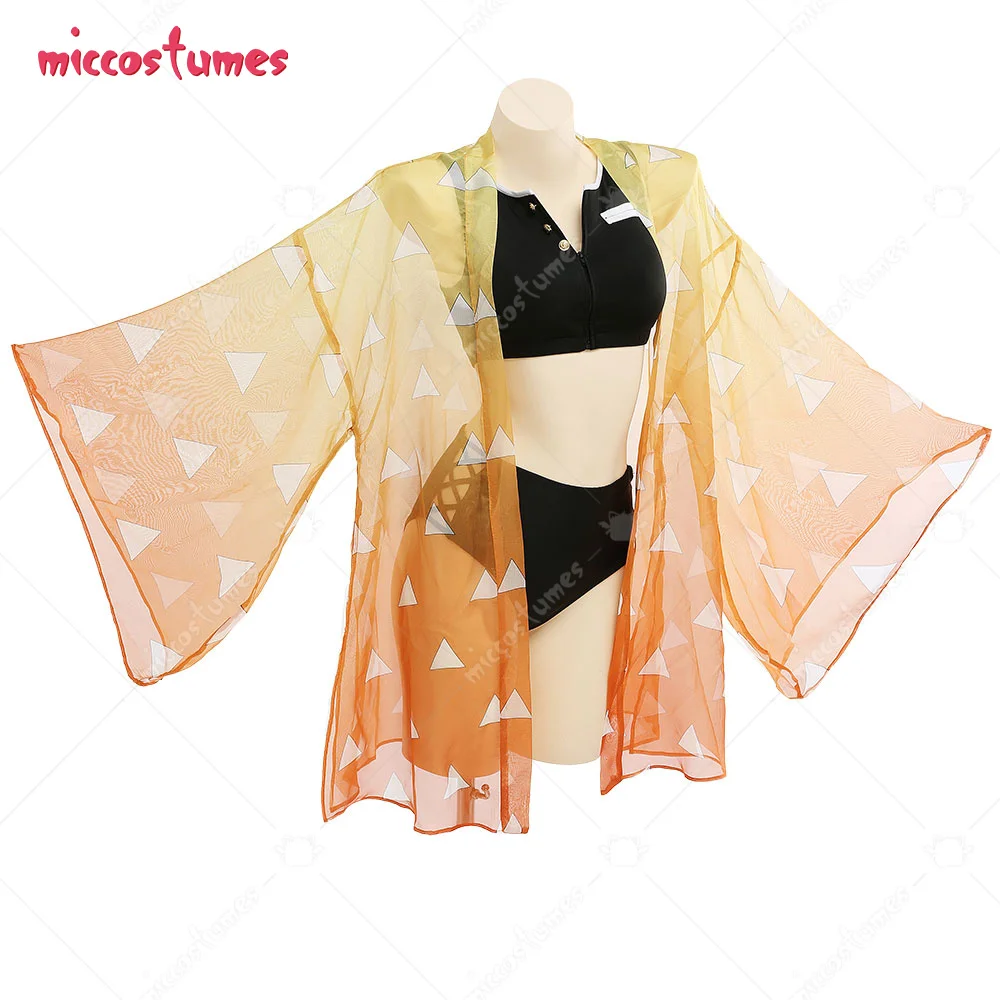 

Haikyuu Zenitsu Agatsuma Cosplay Two Piece Anime Swimsuit V Neck High Waist Lace Up Bathing Suit Swimwear Kimono Cover Up