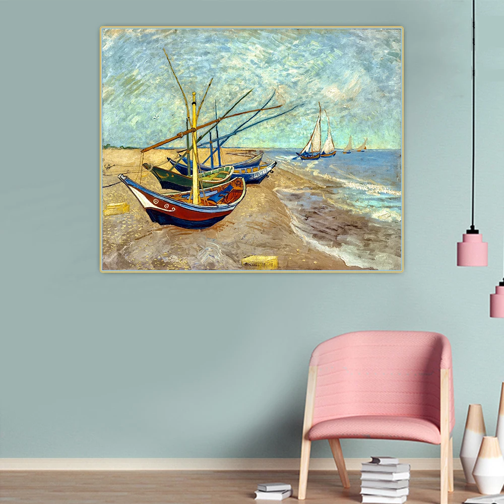 Ван Гог 》 Рыбалка лодки на пляже Les Saintes Maries de la Mer картина маслом холсте