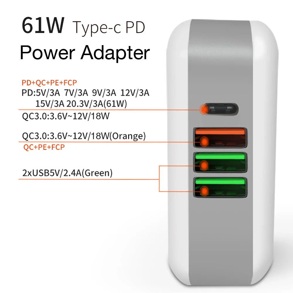61 Вт 45 PD multi Type C зарядное устройство AC/DC адаптер питания QC3.0 USB быстрое для ноутбука