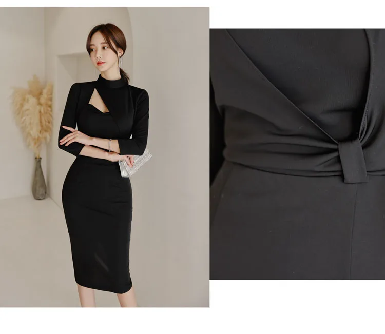 

Spring New Korea Elegant Stand Neck Black Office Dress Sexy Bodycon Pencil Knee-Length Hollow Out OL Women's Cloth