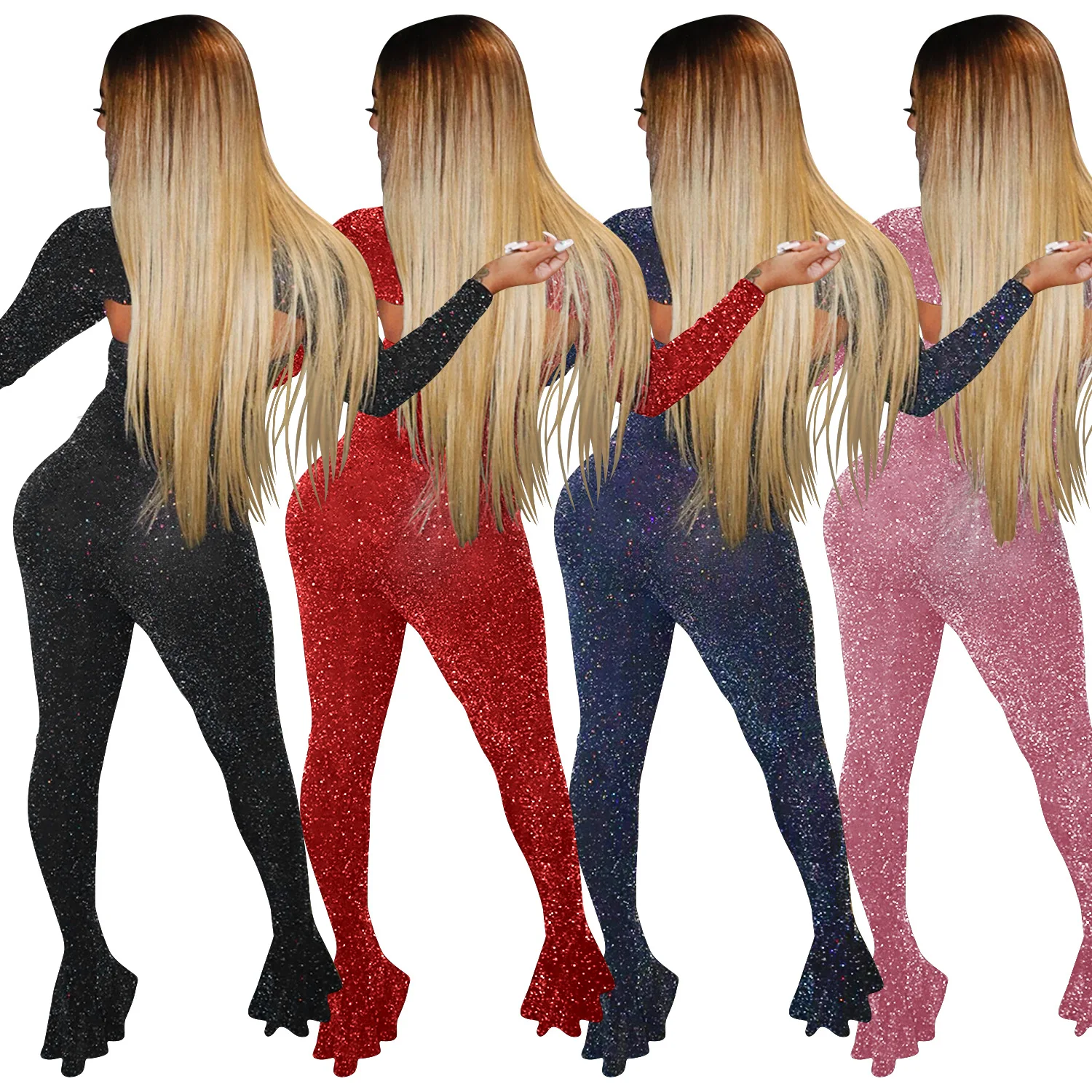 

Sexy Strapless Bodycon Jumpsuit Women Fashion O Neck Long Sleeve Crop Tops+Flared Jumpsuit 2 Piece Set Female Party Club Outfits