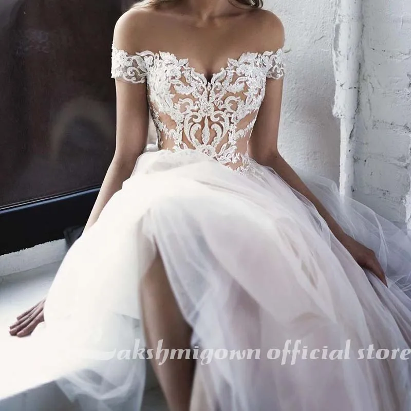 

Blush Pink Off Shoulder Wedding Dresses A Line Sweetheart Lace Appliqued Tulle Bridal Wedding Gowns vestidos de noiva