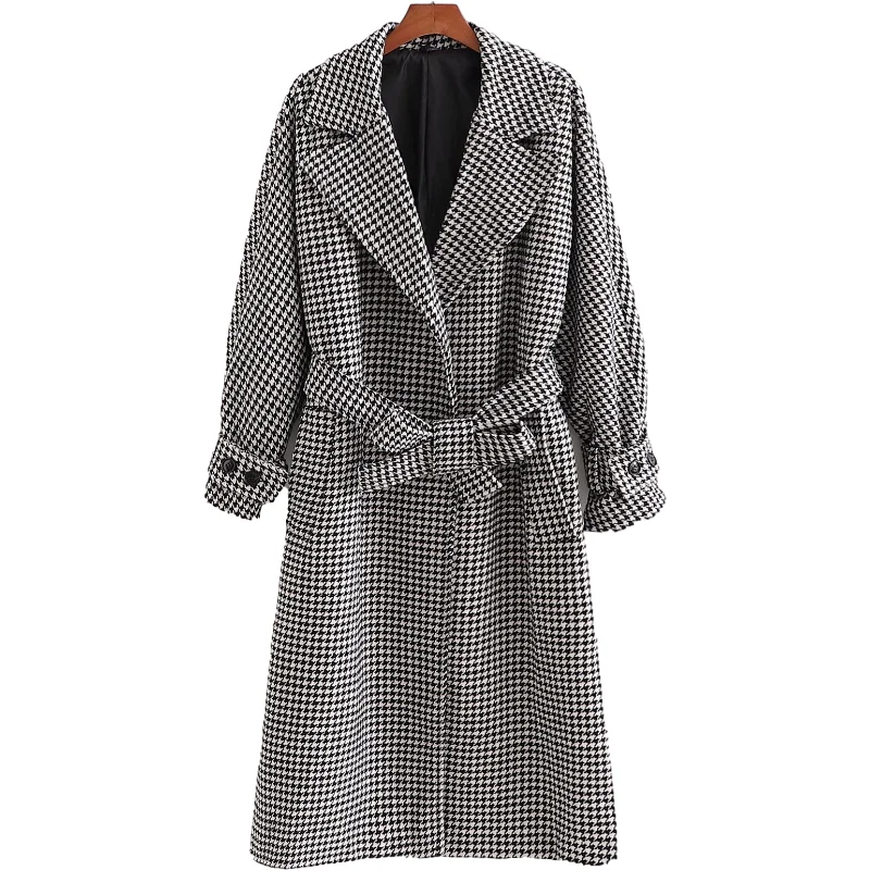 

Nice Vintage Woman Grey Houndstooth Long Loose Woolen Coat Fad Fashion Ladies Autumn Sashes Outerwear Female Oversized Jackets