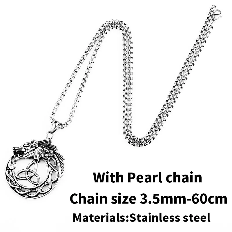 with pearl chain Стальной солдат Norse Голова Дракона Викинги кулон ожерелье 316L нержавеющая сталь животное Личность ювелирные изделия - Окраска металла: with pearl chain
