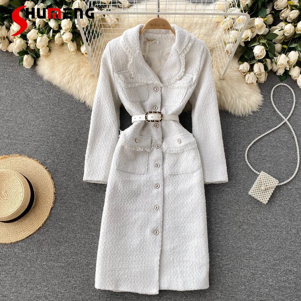 

New Ladies Fashion Elegant Slim Waist Long Tweed Coat 2021 Winter Women's French High-End Simple Solid Color Mid-Length Jacket