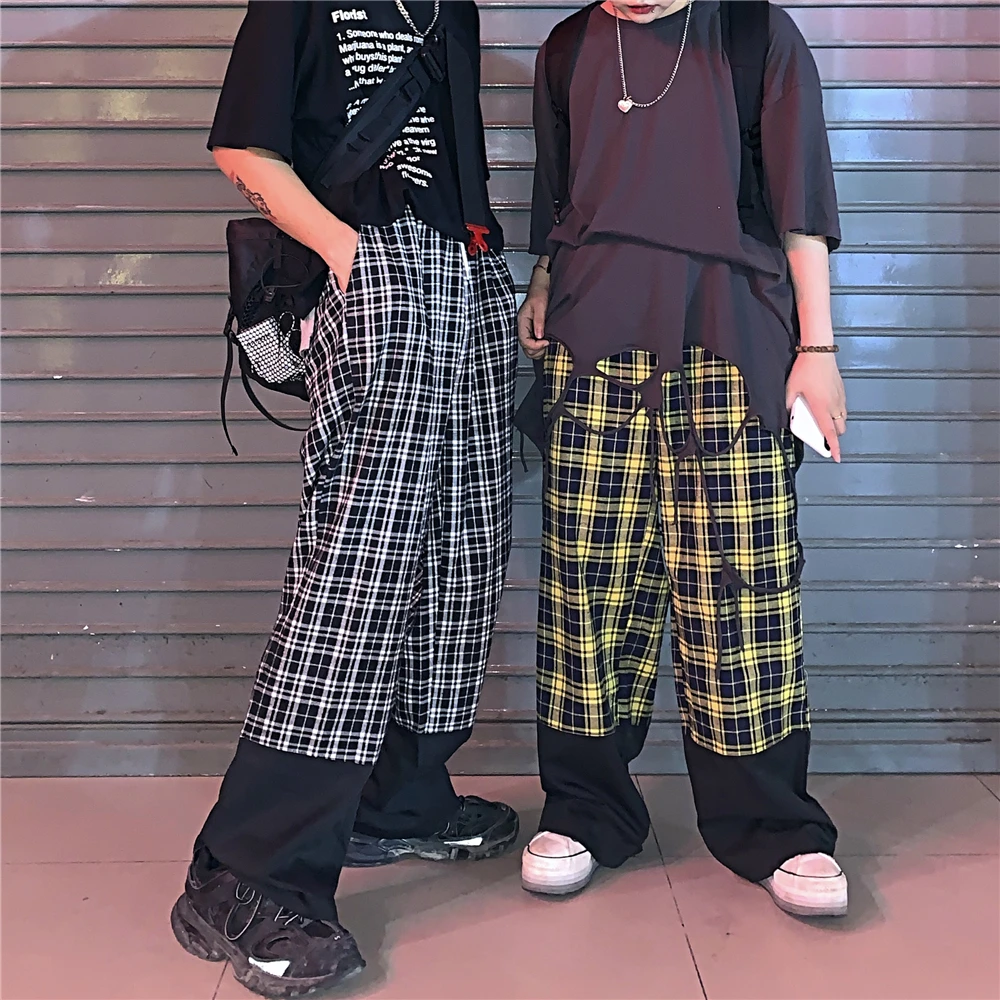 Harajuku брюки унисекс с клетчатым узором свободные длинные женские мужские штаны верхняя одежда Лоскутные Брюки уличная хипстерская осенняя одежда для пар