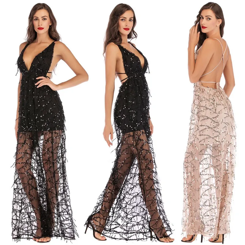 Женское Коктейльное Платье макси с v-образным вырезом блестками открытой спиной