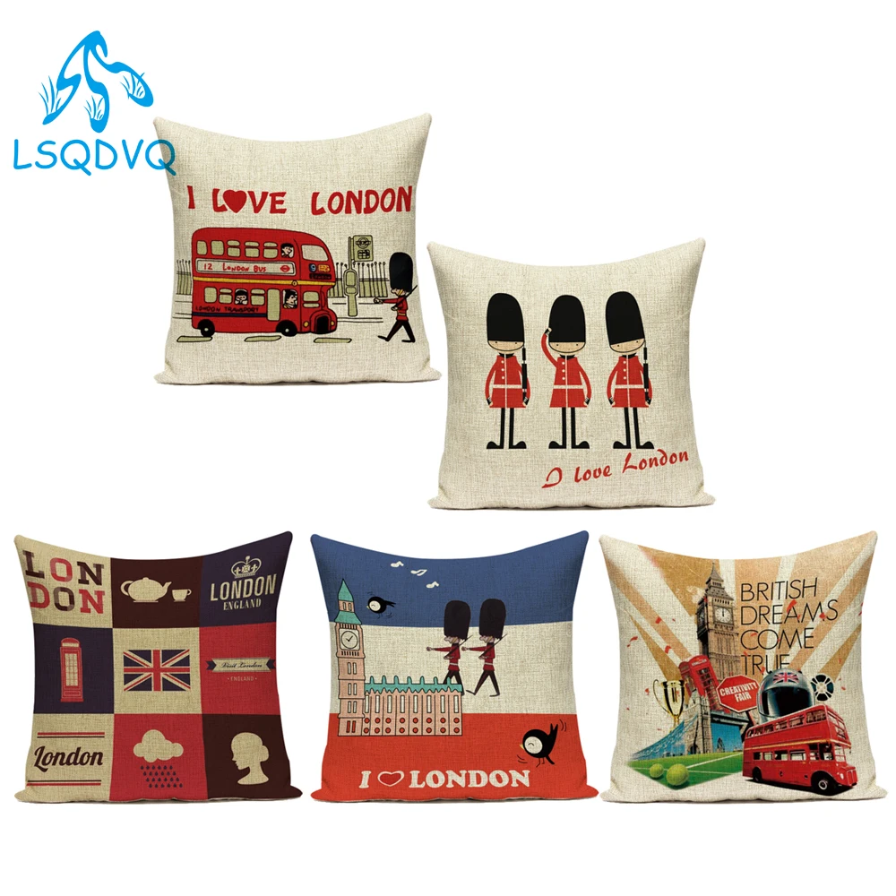Милый чехол для подушки из полиэстера в стиле карикатурного лондонского солдата, здания, автобуса и флага для украшения гостиной - Альмофадас.