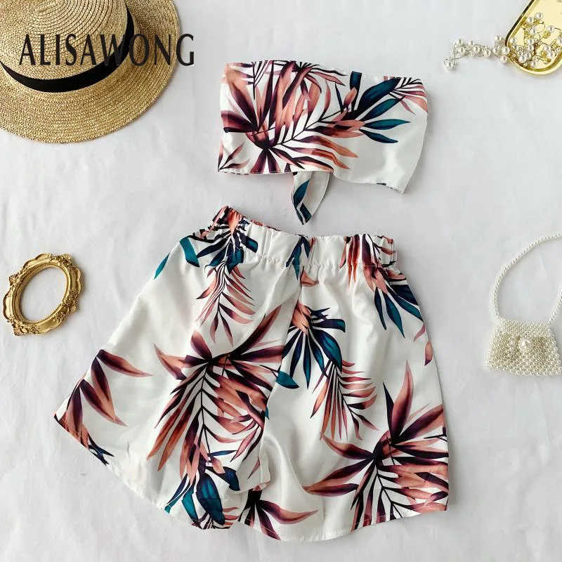 

Holiday Wind Sexy Strapless Bow Bandage Short Top+wide Leg Pants Shorts 2020 Summer New Women Leaf Printed Slim 2 Piece Sets