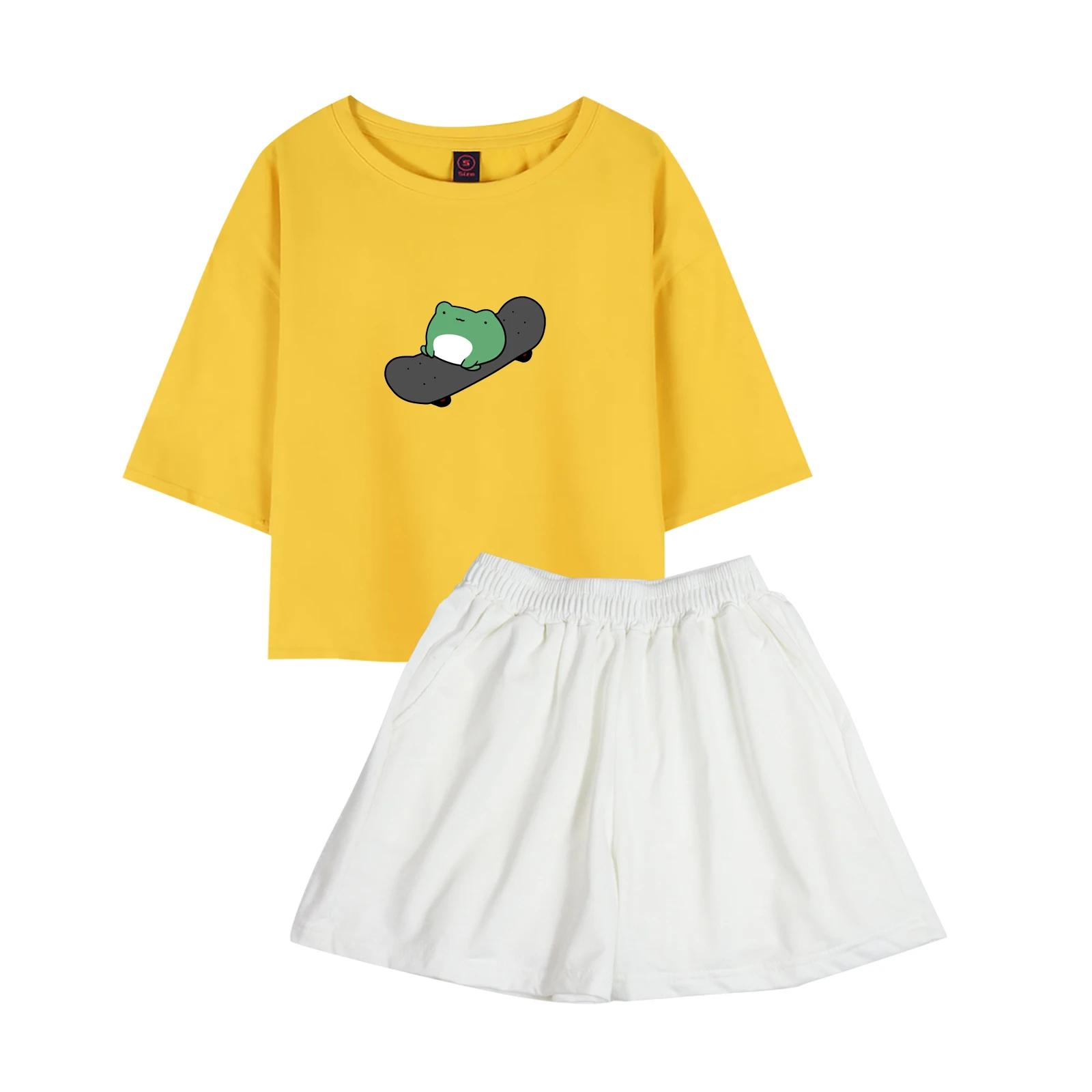 

Frog on Skateboard Crop Top Cotton Harajuku Women Yellow T Shirt Short Sleeve Two Piece Set Summer Fashion Shorts Outdoors Wears