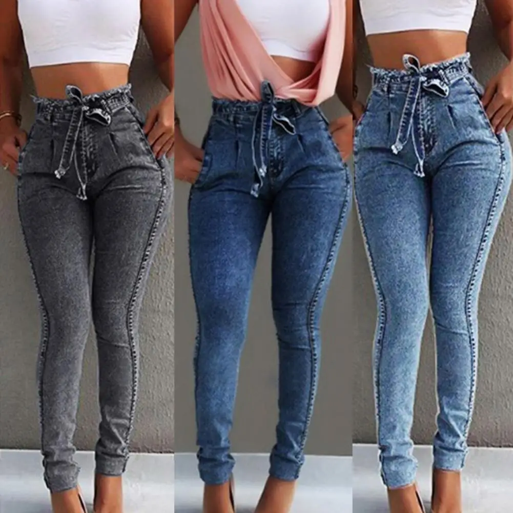 

High Waist Multi Pockets Women Jeans Slim Tassel Bandage Push Up Denim Pants Trousers