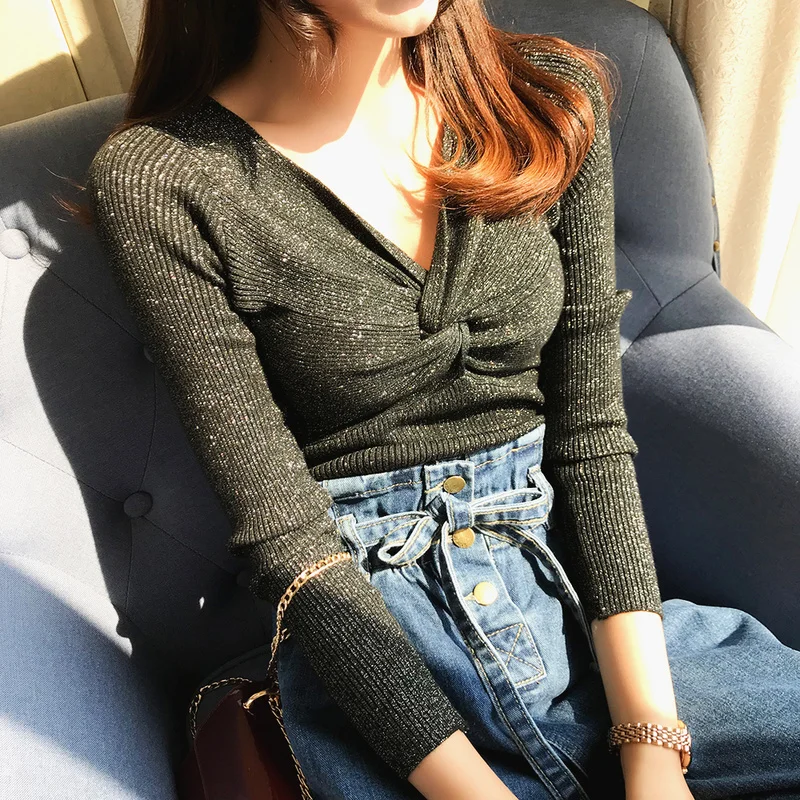 Gaganight Criss Cross Knitted Women Pullover Long Sleeves V Neck Slim Sweater Female Solid Elegant Office Ladies Chic Tops | Женская