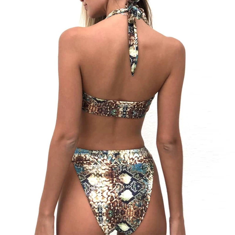 Купальник-халтер со змеиным принтом женское бикини с завышенной талией