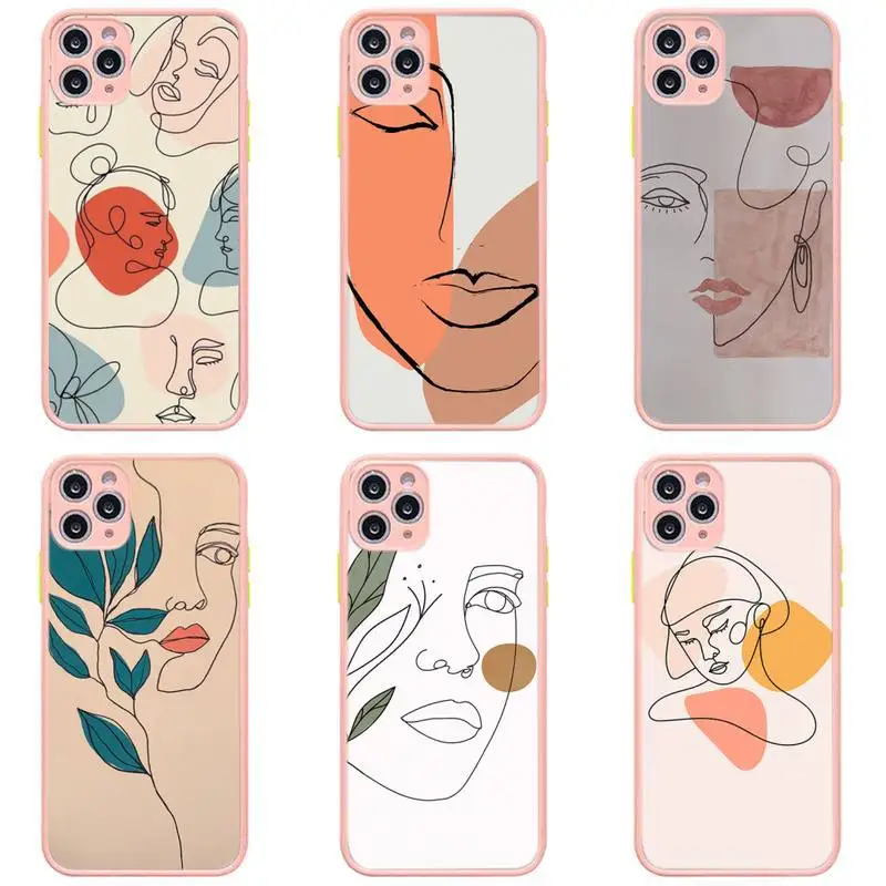 

Minimalist Abstract Single Line Girl Face Artwork Phone Case Pink Transparent Matte For IPhone7 8 11 12 S Pro X XS XR Plus Cover