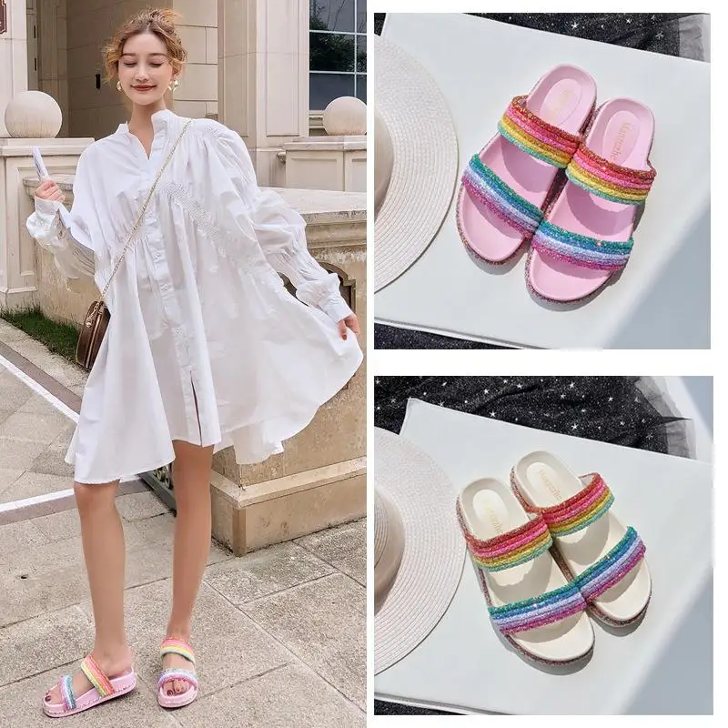 

Rainbow Flat Slippers Women Summer Shoes Pink Color 2021 Female Casual Shoes Flat Holiday Slippers Comfortable Lady Slides