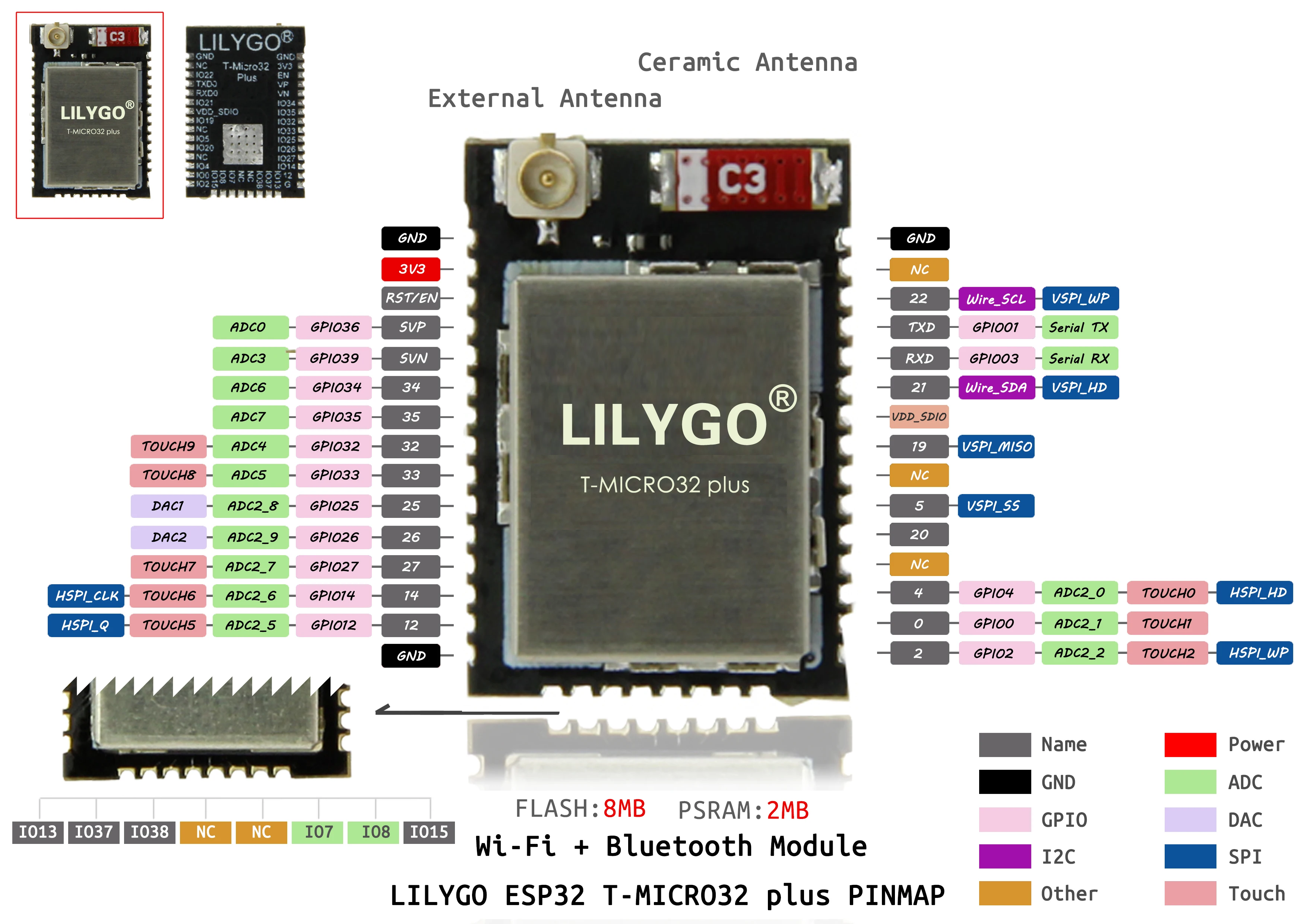LILYGO® T-Micro32 Plus ESP32 Беспроводная макетная плата WiFi Bluetooth совместимый модуль 8 Мб flash 2