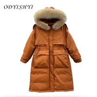 2021 new winter women jacket real fur collar hooded long down coat over the knee waist duck feather jackets female parkas qq219