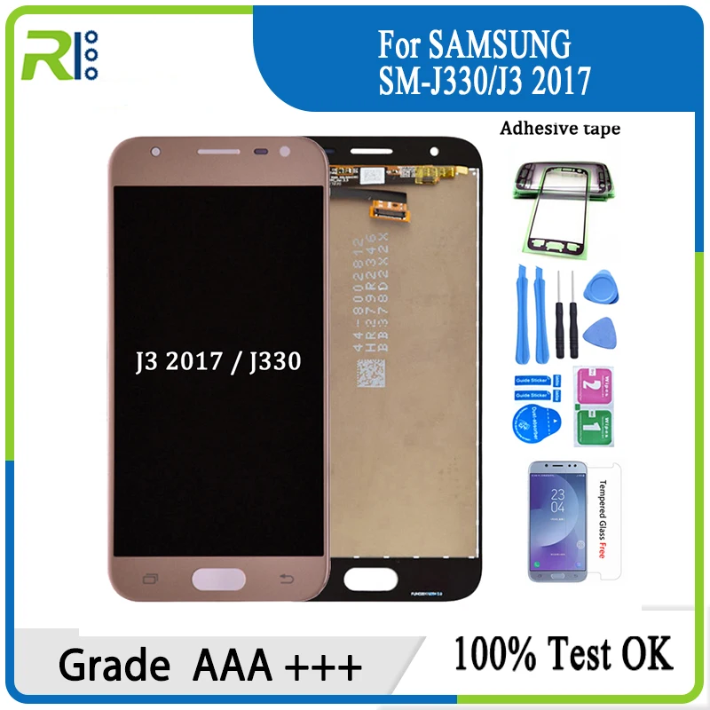 

Дисплейный модуль (дисплей + сенсор) для Samsung Galaxy J3/J330, цвет рамки голубой/черный/золотой/без рамки, в наборе защитное стекло + инструмент