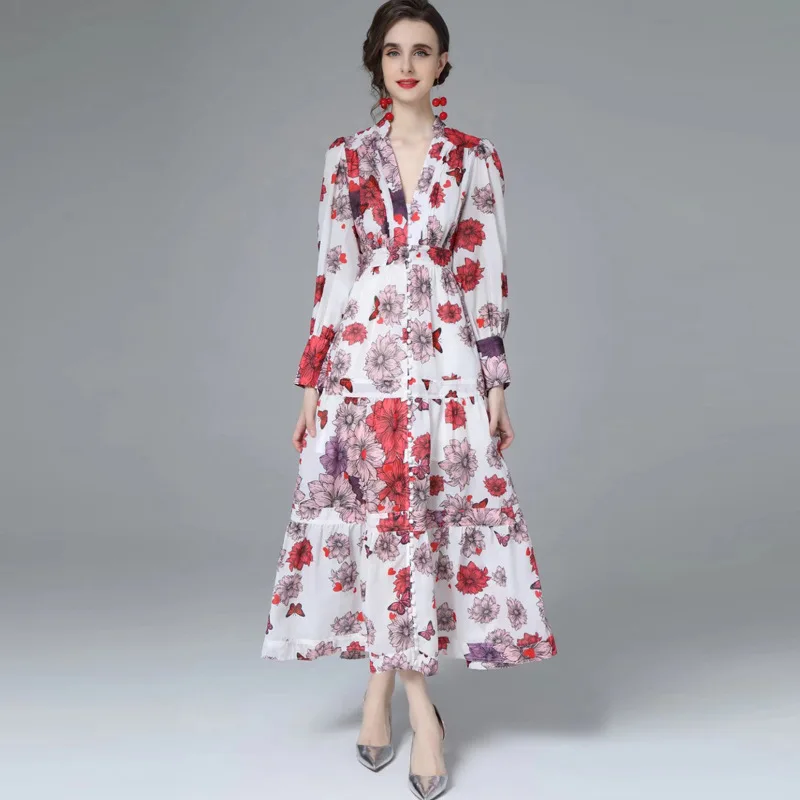 

Женское длинное платье-макси с длинным рукавом и V-образным вырезом