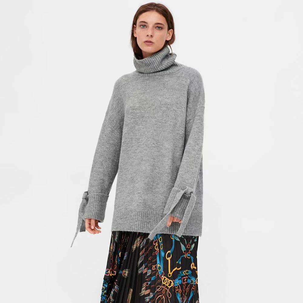 Женский Теплый вязаный свитер ZA мягкий с высоким воротником и бантом Осень-зима