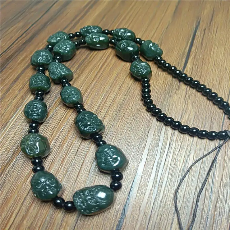 

Xinjiang Hetian Jade Green Jade Buddhism Eighteen Arhats Necklace Pendant Chain Lanyard Men's and Women's Sweater Chain Gift