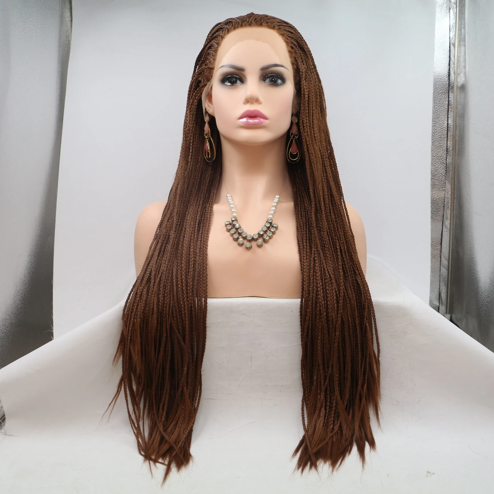 

Brown Preplucked 26Inch Braided Straight Box Braids Synthetic Twist Braids Hair For Afro Black Women With Babyhair Glueless