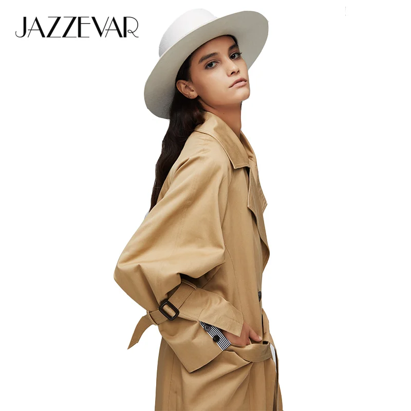 JAZZEVAR 2019 Новое поступление осенний плащ хаки пальто женское двубортное винтажное
