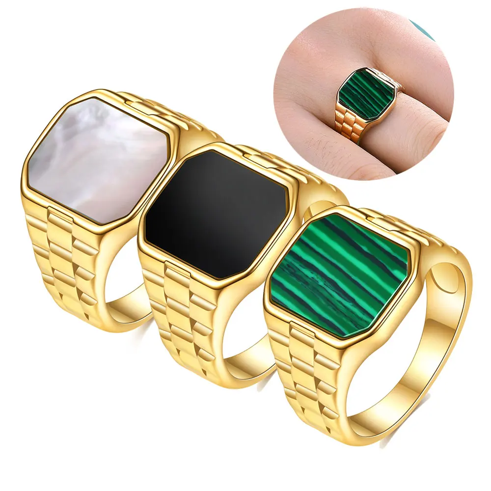 

Ins Stainless Steel Green Malachite Chunky Rings Femme White Fritillaria Rectangle Angular Statement Jewelry Anillos For Women