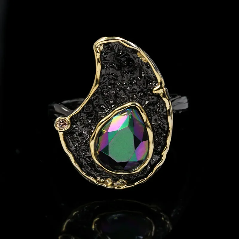 

Retro Ethnic Style Oval Irregular Crystal Two-color Ring Luxury Exaggerated 925 Silver Jewelry Wedding Rings Gold luxury