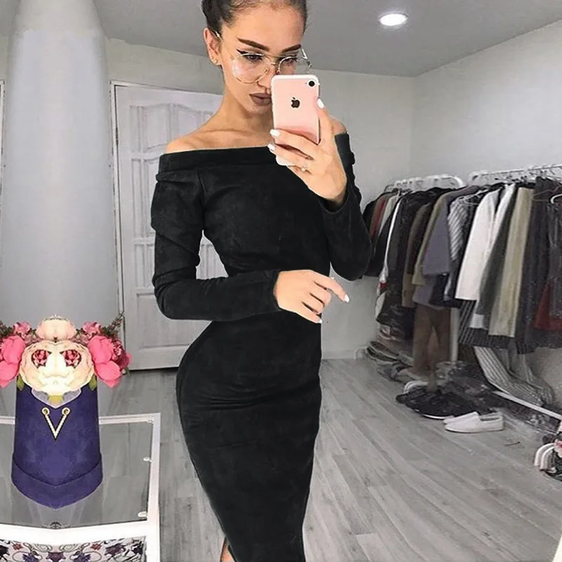 Замши с длинным рукавом открытыми плечами для женщин облегающее миди платье