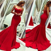 2020 red prom dresses sweetheart mermaid special occasion gowns sweep train backless ruched satin celebrity evening wear