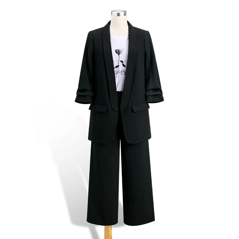 

Two Piece Pants Set Women Black Jacket Women Spring Summer 2021 Elegant Office Ladies Blazer Casual Wide Leg Pants Suit Outfits