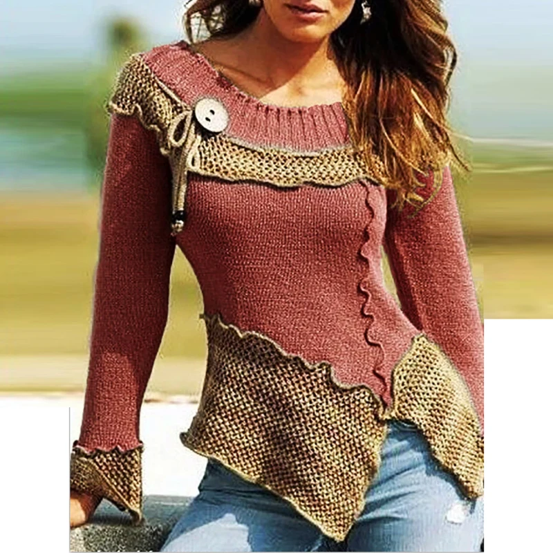 

2021 Women Knitted Sweater Long Sleeve Elastic Vintage Top Pullover Winter Patchwork Casual Sweaters For Women