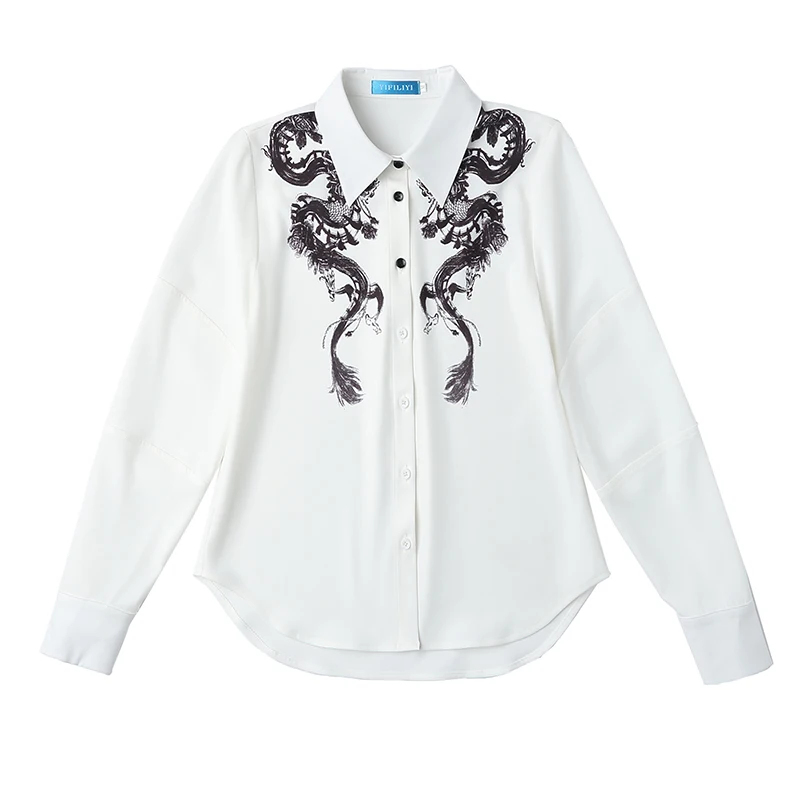 

COIGARSAM Fashion Full Sleeve Shirt Womens tops New Spring Vintage Print Chiffon Women shirts White 2255