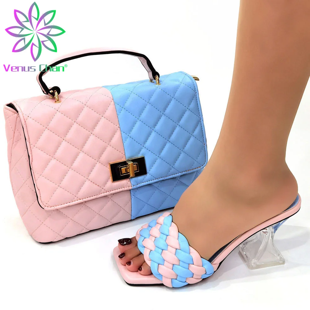 

Latest Style Ladies Pointed Toe Shoes With Matching Bag Set Italian Rhinestone High Heels Sandals And Bag Set in Blue Pink Color