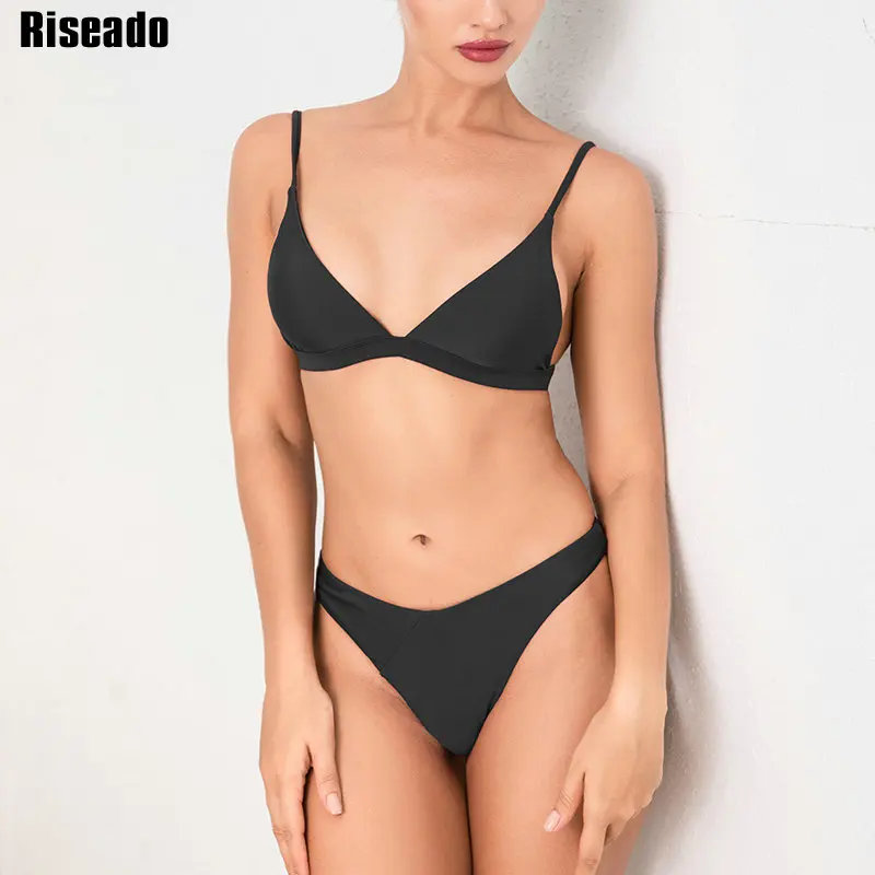 

Riseado Sexy V-neck Bikini Women Black Swimwear 2021 High Cut Swimsuits String Strap Brazilian Biquinis Set Female Bathing Suits