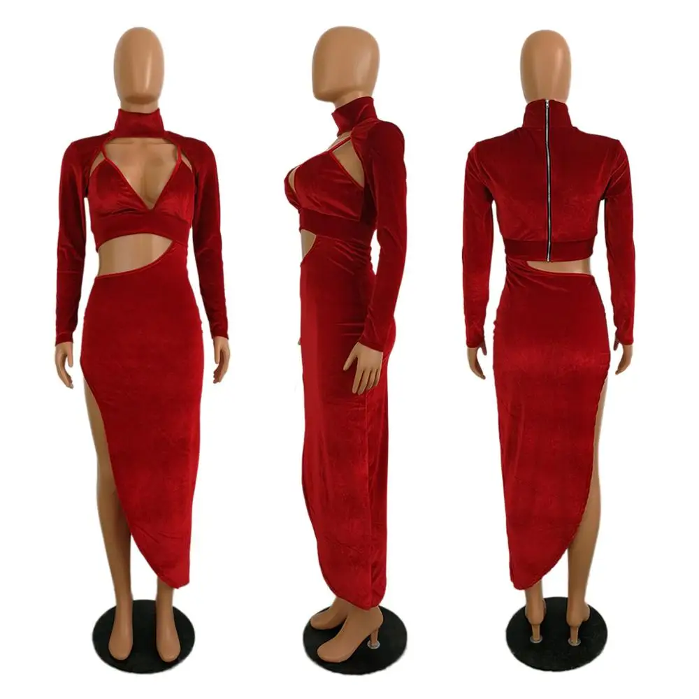 Женское бархатное платье-макси с высоким разрезом длинным рукавом и V-образным