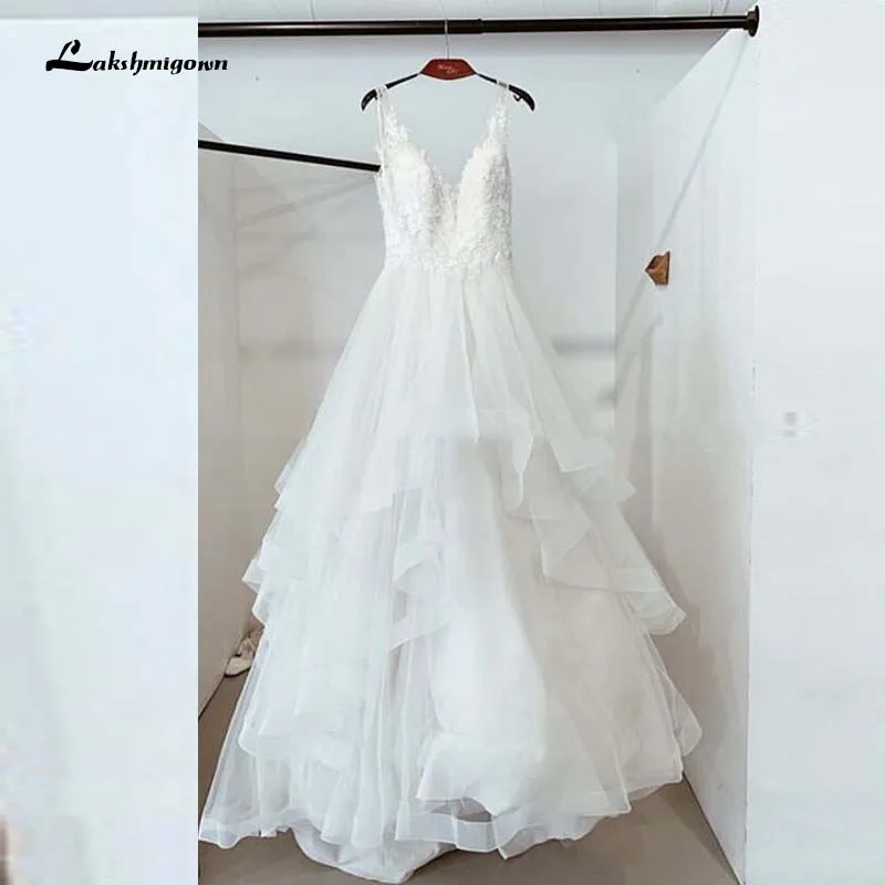 

Roycebridal V-neck Wedding Dress Sleeveless Tiered Skirt White Ivory Ruffles vestidos de novia Backless Sweep Train