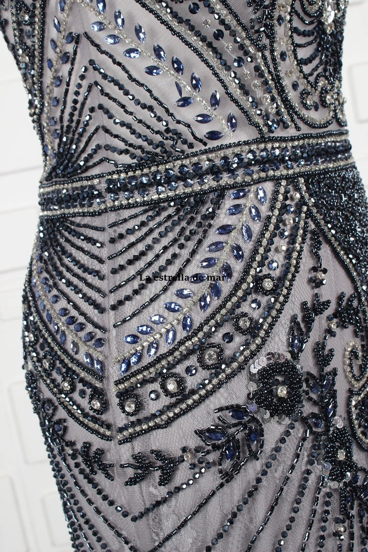 

suknia wieczorowa new lace crystal short sleeve silver gray sexy mermaid evening gowns luxury abendkleider lang prom dress