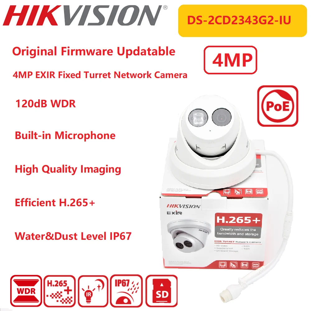 

Hikvision IP Camera 4MP DS-2CD2343G2-IU POE IR Built-in Microphone IP67 EXIR Turret Network Surveillance Cam AcuSense CCTV