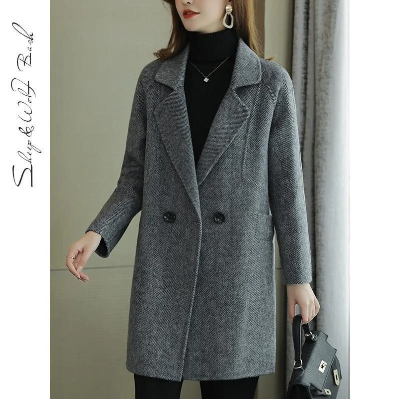 Herringbone tweed coat women's new medium long double breasted small suit wool tweed coat loose