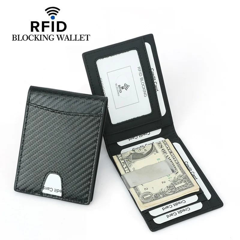 

Card Slim Wallet Money Clip Carbon Fiber Leather Blocking