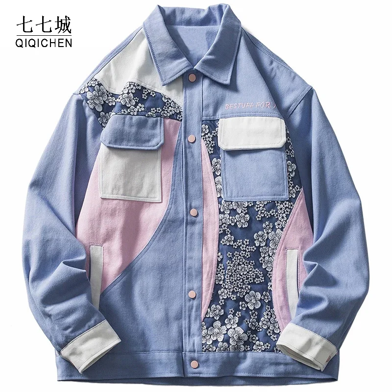 

Hip Hop Embroidery Flower Denim Jacket Men Women Color Block Patchwork Jeans Jacket 2021 Autumn Harajuku Cotton Streetwear Coat